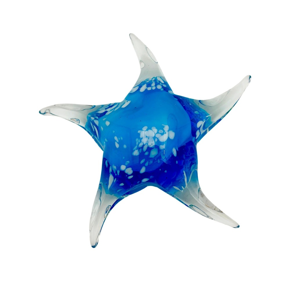 Art Glass Starfish Paperweight Blue White Speckled Hand Blown Coastal Decor